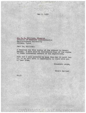 [Letter from Truett Latimer to C. N. Millican, May 5, 1959]