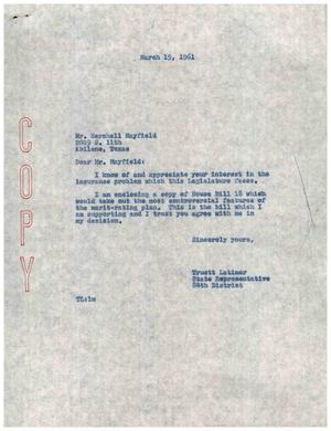 [Letter from Truett Latimer to Hershell Mayfield, March 15, 1961]
