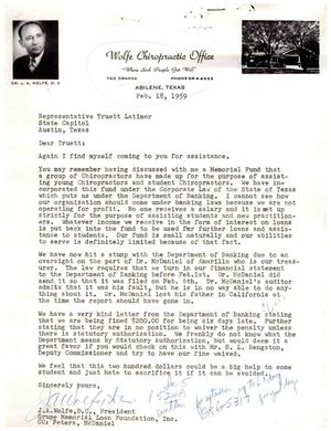 [Letter from J. A. Wolfe to Truett Latimer, February 18, 1959]