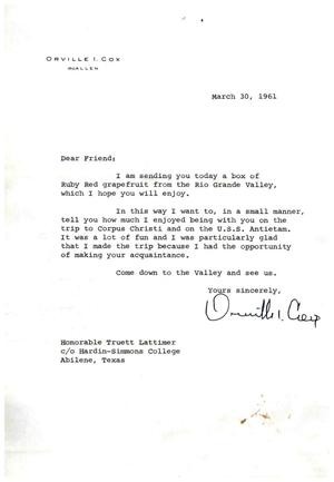 [Letter from Orville I. Cox to Truett Latimer, March 30, 1961]