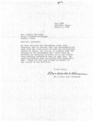 [Letter from Mr. and Mrs. M. N. Koonsman to Truett Latimer, March 9, 1959]