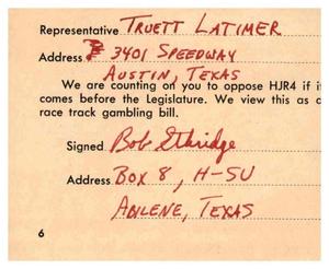 [Postcard from Bob Ethridge to Truett Latimer, 1961]