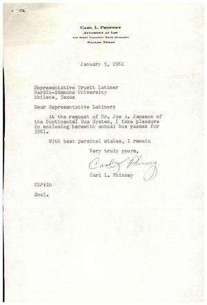 Primary view of [Letter from Carl L. Phinney to Truett Latimer, January 5, 1961]