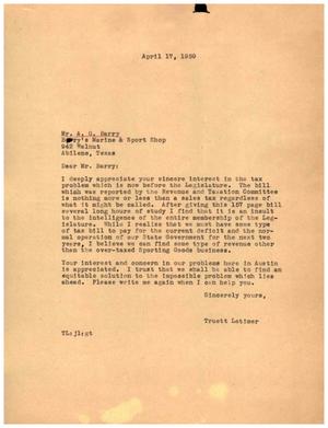 [Letter from Truett Latimer to A. G. Barry, April 17, 1959]