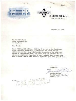 [Letter from Howard Latimer to Truett Latimer, February 18, 1959]