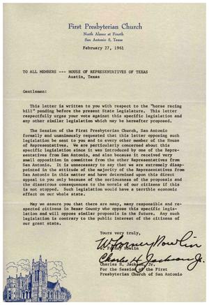 [Letter from W. F. Nowlin and C. H. Jackson, Jr. to the Members of the House of Representatives, February 27, 1961]