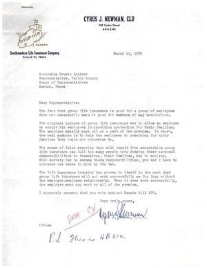 [Letter from Cyrus J. Newman to Truett Latimer, March 13, 1959]