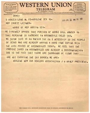 [Telegram from the Abilene New Car Dealers Association to Truett Latimer, July 10, 1959]