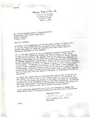 [Letter from A. V. Johnson, Jr. to Truett Latimer, April 3, 1959]