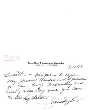 [Letter from Jim Taylor to Truett Latimer, April 10, 1959]