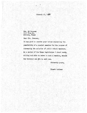 [Letter from Truett Latimer to Mrs. Ed Dressen, January 11, 1960]