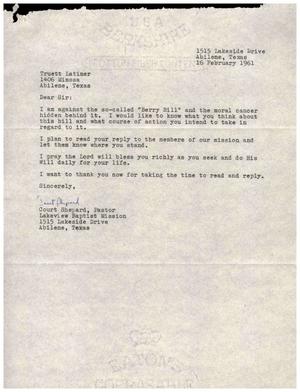 [Letter from Court Shepard to Truett Latimer, February 16, 1961]