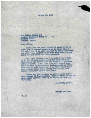 [Letter from Truett Latimer to Milton Humphreys, March 27, 1961]