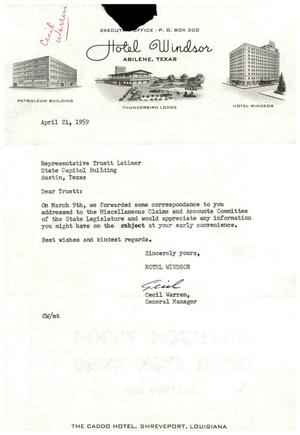 [Letter from Cecil Warren to Truett Latimer, April 21, 1959]