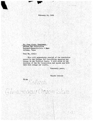 [Letter from Truett Latimer to John Alvis, February 18, 1959]