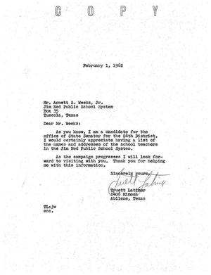 [Letter from Truett Latimer to Arnett S. Weeks, Jr., February 1, 1962]