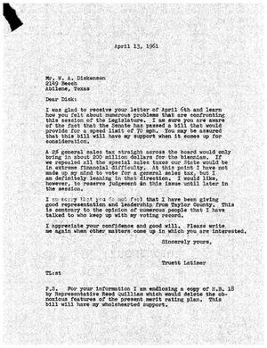 [Letter from Truett Latimer to W. A. Dickenson, April 13, 1961]