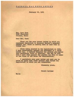 [Letter from Truett Latimer to Lynn Cook, February 14, 1961]