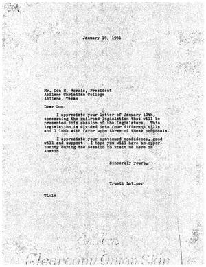 [Letter from Truett Latimer to Don H. Morris, January 16, 1961]