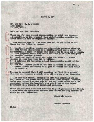 [Letter from Truett Latimer to Mr. and Mrs. E. S. Johnson, March 8, 1961]