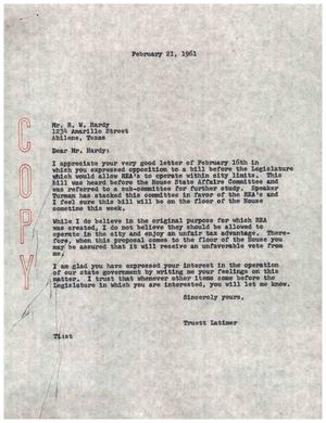 [Letter from Truett Latimer to R. W. Hardy, February 21, 1961]