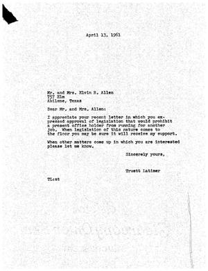 [Letter from Truett Latimer to Mr. and Mrs. Elvin R. Allen, April 13, 1961]