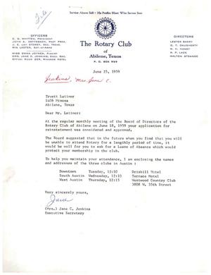 [Letter from Jane C. Jenkins to Truett Latimer, June 25, 1959]