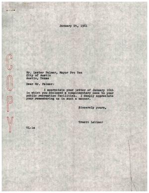 [Letter from Truett Latimer to Lester Palmer, January 24, 1961]