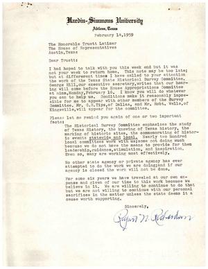 [Letter from Rupert N. Richardson to Truett Latimer, February 14, 1959]
