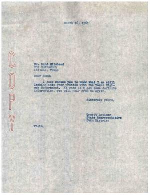 Primary view of object titled '[Letter from Truett Latimer to Rand Milstead, March 16, 1961]'.