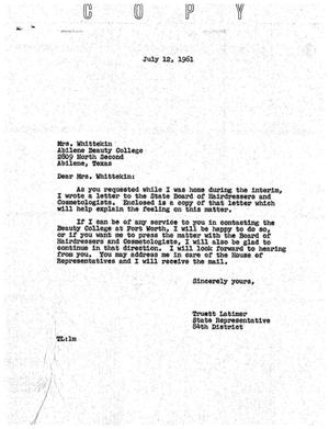 [Letter from Truett Latimer to Mrs. Whittekin, July 12, 1961]