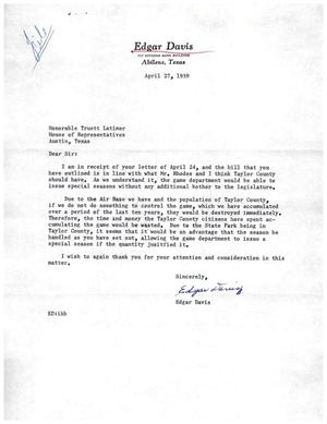 Primary view of object titled '[Letter from Edgar Davis to Truett Latimer, April 27, 1959]'.