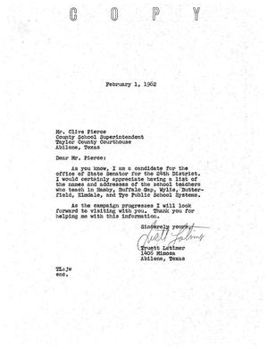 [Letter from Truett Latimer to Clive Pierce, February 1, 1962]