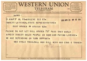 [Telegram from Marylin Thrilcall, Mrs. Bill Webb, and Edna Turner to Truett Latimer, April 26, 1959]