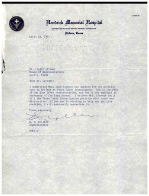 [Letter from E. M. Collier to Truett Latimer, April 24, 1961]
