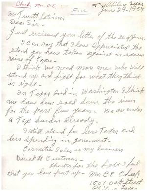 Primary view of object titled '[Letter from C. E. Cheek to Truett Latimer, June 29, 1959]'.