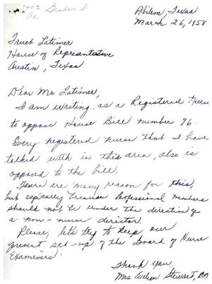[Letter from Mrs. Evelyn Stewart to Truett Latimer, March 26, 1958]