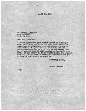 [Letter from Truett Latimer to Martin Cleveland, April 10, 1959]