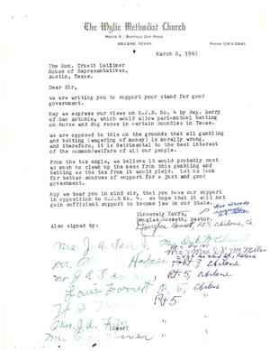 [Letter from Douglas Gossett to Truett Latimer, March 8, 1961]