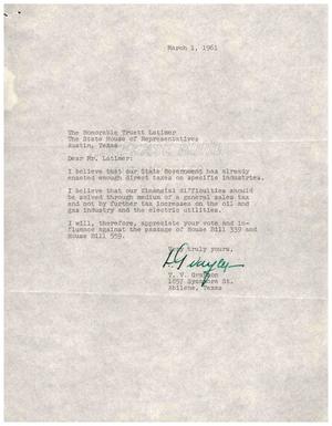 [Letter from T. V. Grayson to Truett Latimer, March 1, 1961]