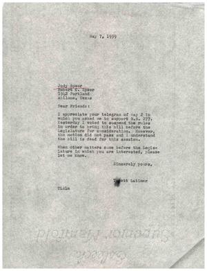 [Letter from Truett Latimer to Jody Speer, May 7, 1959]