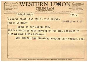 [Telegram from Mrs. Russell Day, April 13, 1959]