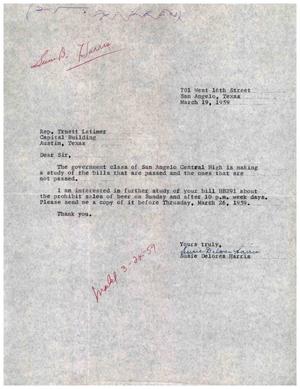 Primary view of object titled '[Letter from Susie Delores Harris to Truett Latimer, {March 19, 1959]'.