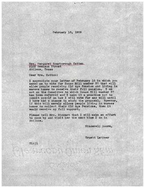 [Letter from Truett Latimer to Margaret Scarbrough Cotten, February 18, 1959]