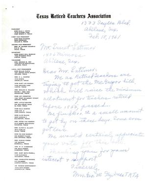 [Letter from Leo W. Fry to Truett Latimer, February 18, 1961]