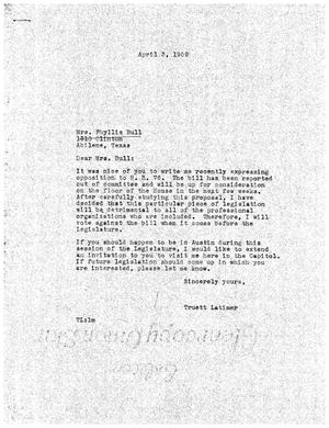 [Letter from Truett Latimer to Phyllis Bull, April 3, 1959]
