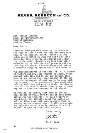 [Letter from R. P. Lack to Truett Latimer, June 17, 1959]