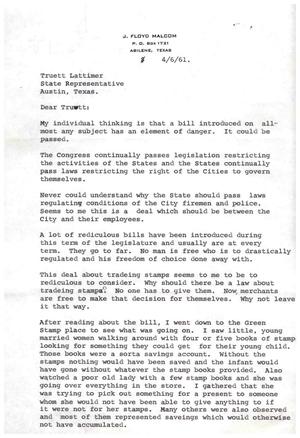 [Letter from J. Floyd Malcom to Truett Latimer, April 6, 1961]