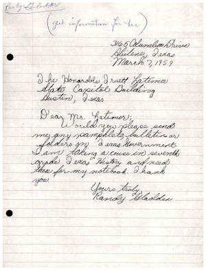 [Letter from Randy Gladder to Truett Latimer, March 7, 1959]