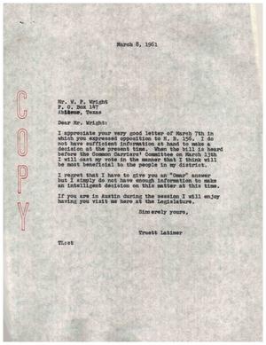 [Letter from Truett Latimer to W. P Wright, March 8, 1961]